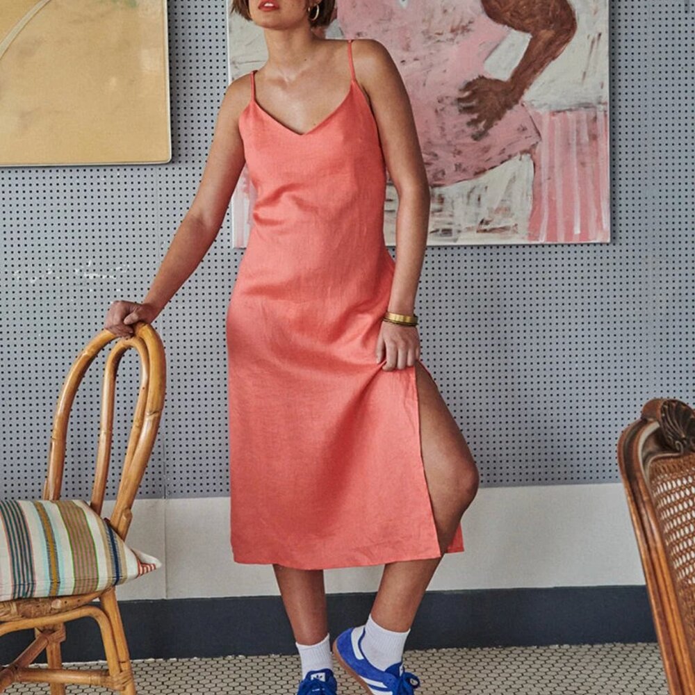 Ghanda Bright Coral 100% Linen Dress, women’s, midi, size S